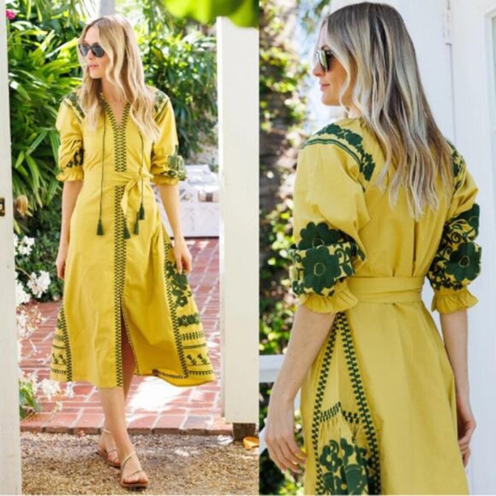 NWT Julia Amory Embroidered Floral Tie Waist Coatue Caftan Parrot Midi Dress